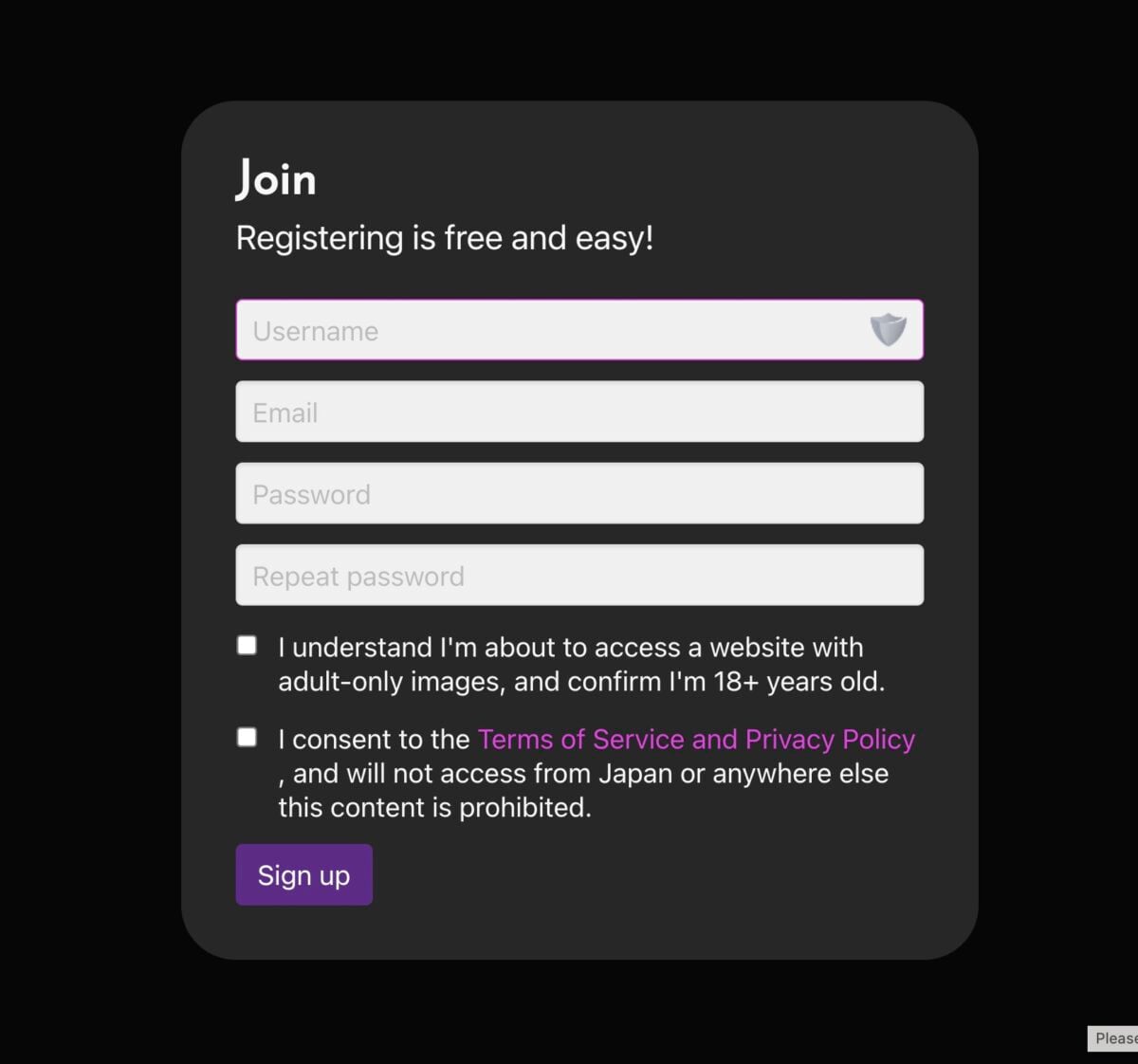 Doujin.io Hentai E Reader Registration Screen