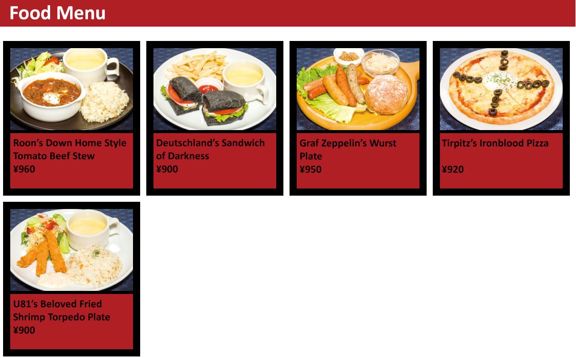 Azur Lane Ironblood Cafe Food Menu