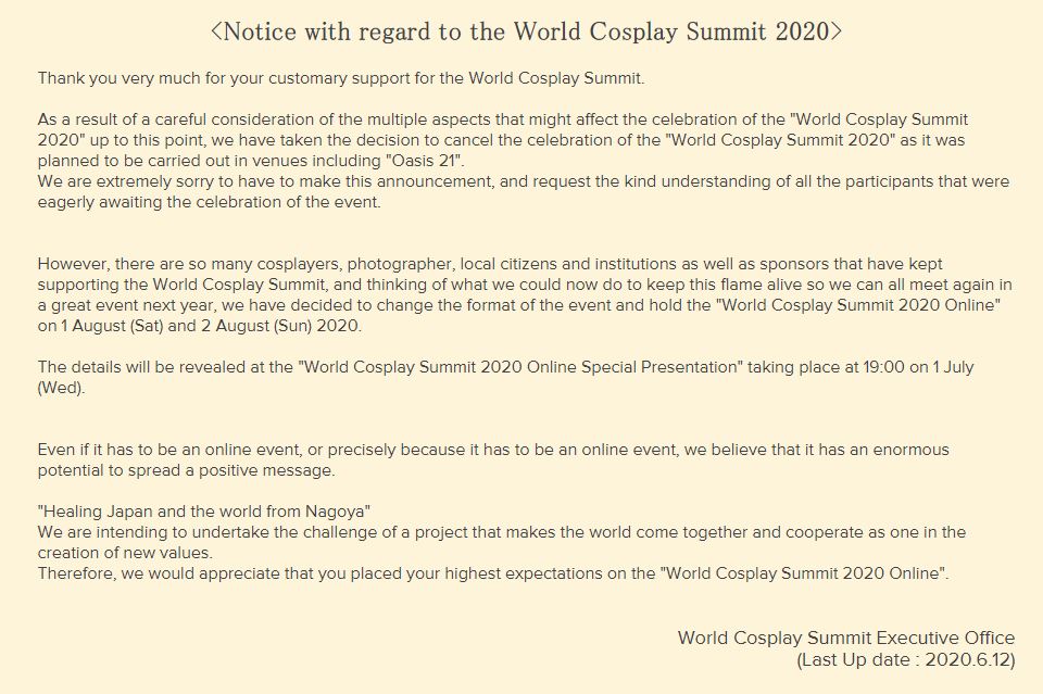 World Cosplay Summit 2020 Cancellation