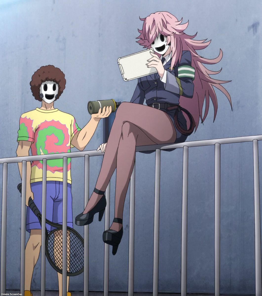 High Rise Invasion Episode 7 Policewoman Mask Sits Next To Tennis Racket Mask