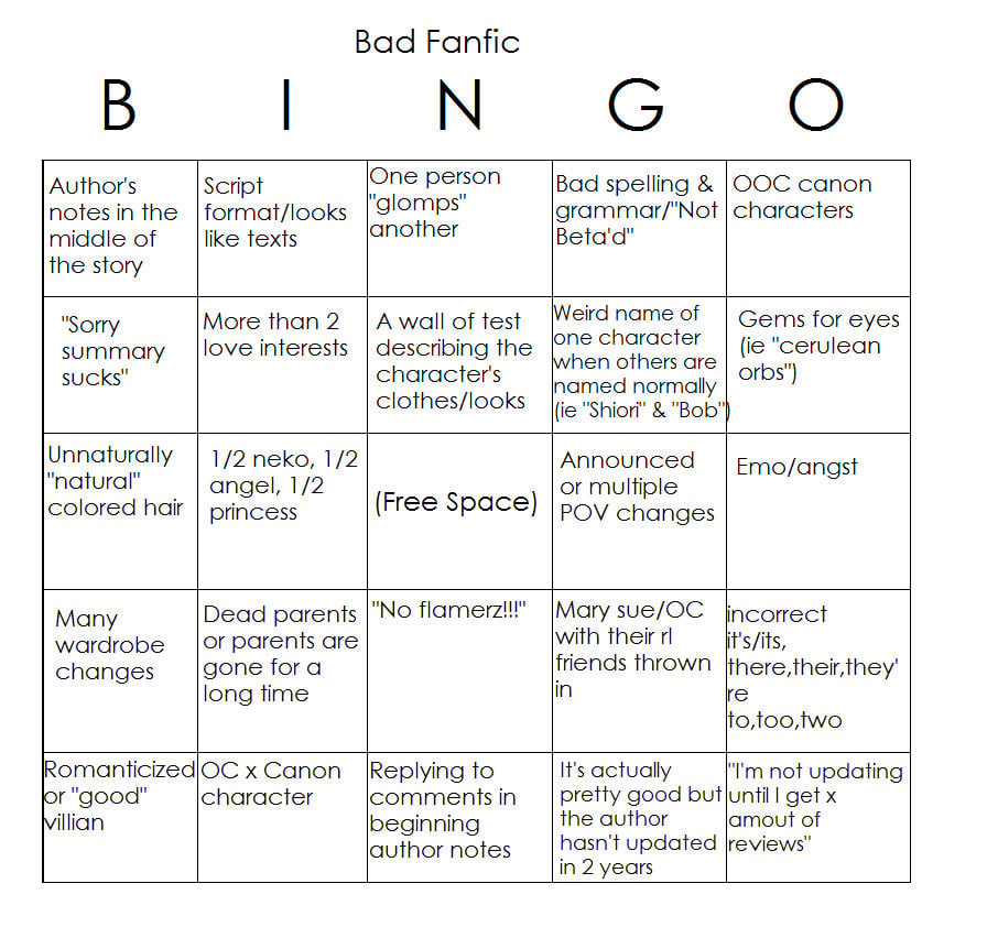 Bad Fanfic Bingo