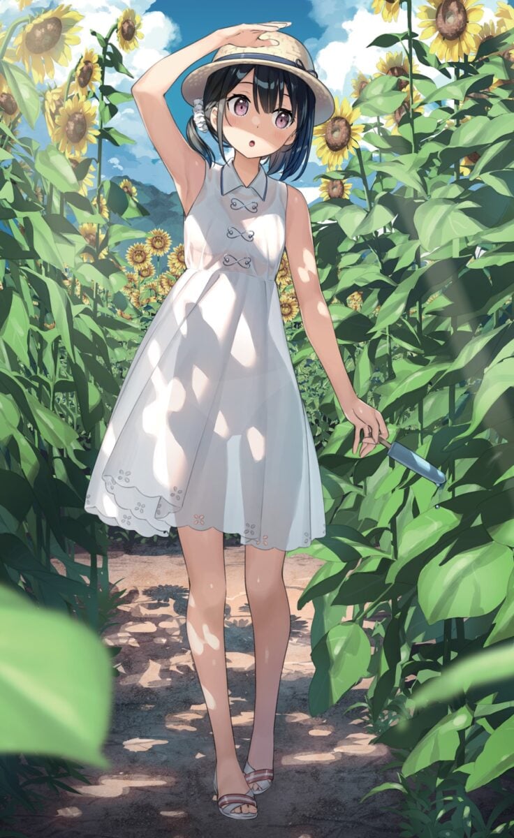 Illustration of Shizuku with sunlight shining through her skirt from Kantoku’s artbook